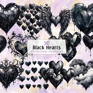 Corações Negros. Ilustrações em estilo aquarela. Elementos em forma de coração, decorações de cristal de plástico, amor gótico escuro e romance | Clip-arts PNG