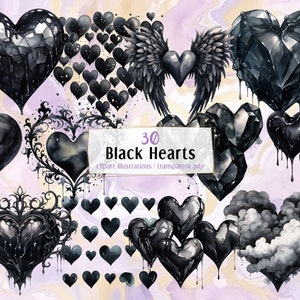 Black Hearts. Watercolor style illustrations. Heart shaped elements, plastic crystal decorations, dark gothic love & romance | PNG clip arts