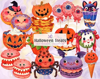 Gâteries mignonnes d'Halloween | Images clipart PNG. Desserts effrayants et bonbons avec des grimaces, crème glacée, citrouilles, cupcakes, beignets, biscuits