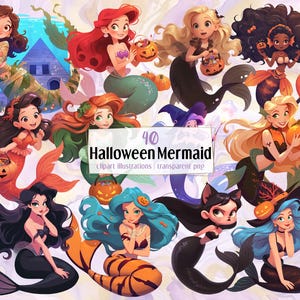 Cartoon Halloween Meerjungfrau Illustrationen. Süße märchenhafte Fantasyfigur, düstere gruselige Meerjungfrauen die mit Kürbissen feiern | PNG-Cliparts