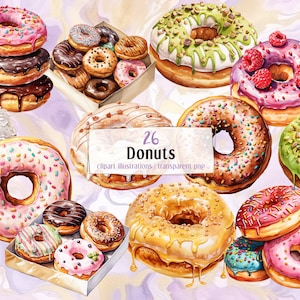 Donuts. Watercolor style illustrations. Ring doughnut, fried dough dessert, colorful donut in box, sweet snack stacks, boxes | PNG clip arts
