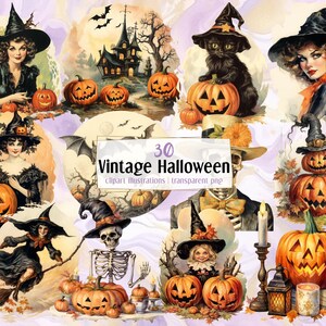 Ilustrações vintage de Halloween. Imagens de estilo de cartão postal de férias retrô, crianças comemorando, abóboras, bruxa e gato preto, esqueleto | PNG clip art