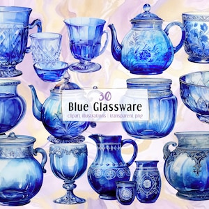 Puede incluir: Una colección de 30 artículos de vidrio azul, que incluyen jarras, teteras, tazones y jarrones. La cristalería está decorada con intrincados patrones y diseños. Los artículos están todos pintados a mano y tienen un aspecto vintage.
