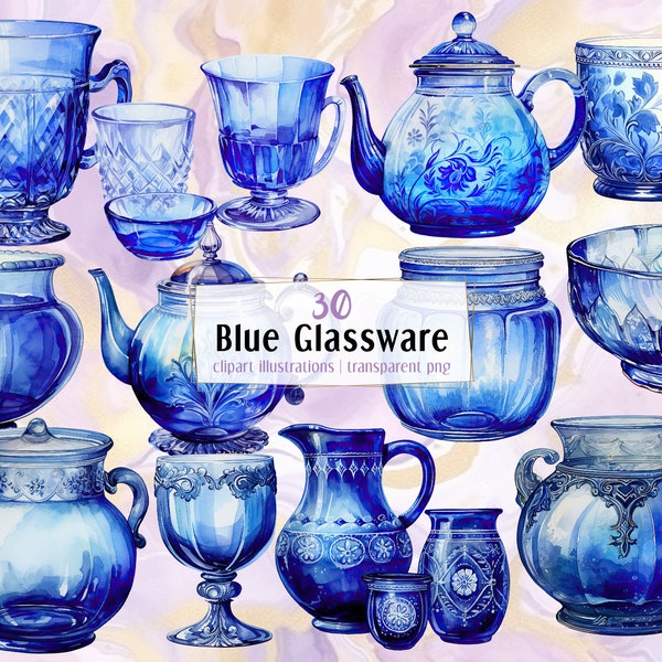 Blue glassware. Watercolor style illustrations. Elegant cobalt crystal glass dishware, drinkware, tea pot, plate, vase, tray | PNG clip arts