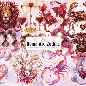 Ilustrações românticas do Zodíaco. Elementos do dia dos namorados representando signos astrológicos, romance amoroso, corações vermelhos rosas cor-de-rosa | PNG clip arts