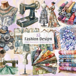 Fashion Design illustrations. Clothing designers, fabric rolls, tools, dressmaker dummy, sewing threads, professional studio | PNG clip arts