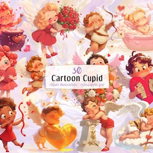 Ilustraciones de dibujos animados de Cupido. Adorables cupidos alados para el día de San Valentín, macho y hembra, fantasía romántica infantil / Clip art PNG