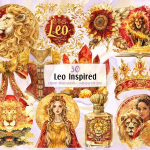 Leo inspirierte Illustrationen. Löwe Geburtstag Sternzeichen unter dem Motto Objekte Elemente schöne Mädchen, königliche Löwen, goldene und rote Farben | PNG-Clipart