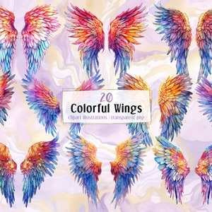 Kleurrijke Wing, aquarel stijl illustraties. Veelkleurig, regenboog, leuk, denkbeeldig, fantasie, engel en vogelveervleugels | PNG-illustraties