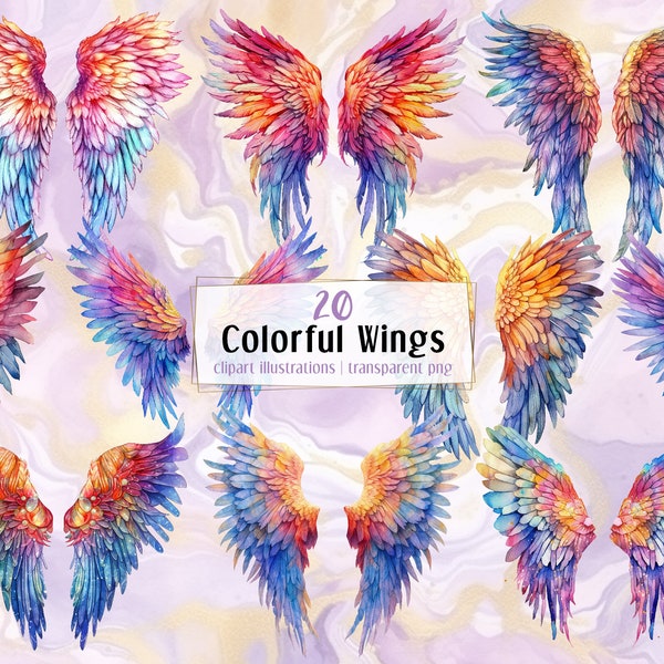Colorful Wing, watercolor style illustrations. Multi colored, rainbow, fun, imaginary, fantasy, angel and bird feather wings | PNG clip arts