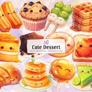 Niedliche Cartoon Dessert Illustrationen. Einfache kawaii Leckereien mit entzückenden Gesichtern, Kuchenschnitten, Dango, Churros, Eiscreme, Keksen | PNG-Clipart