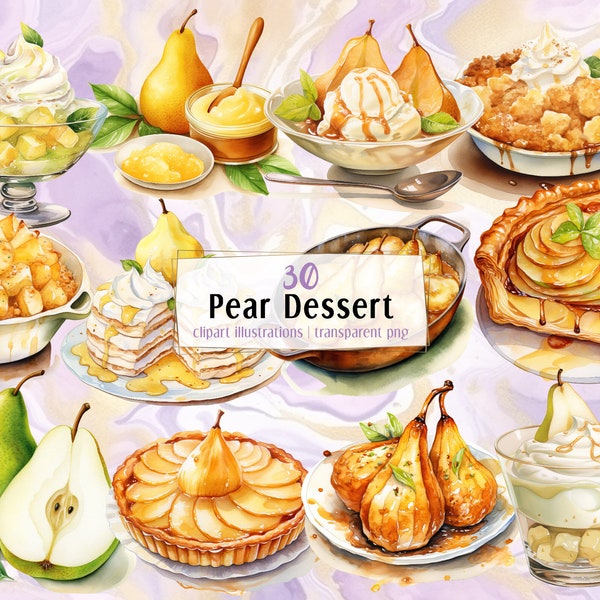Pear desserts. Watercolor style illustrations. Fruit pastry, baked pears, fruity cakes, slices of pies, ice cream, cobbler | PNG clip arts