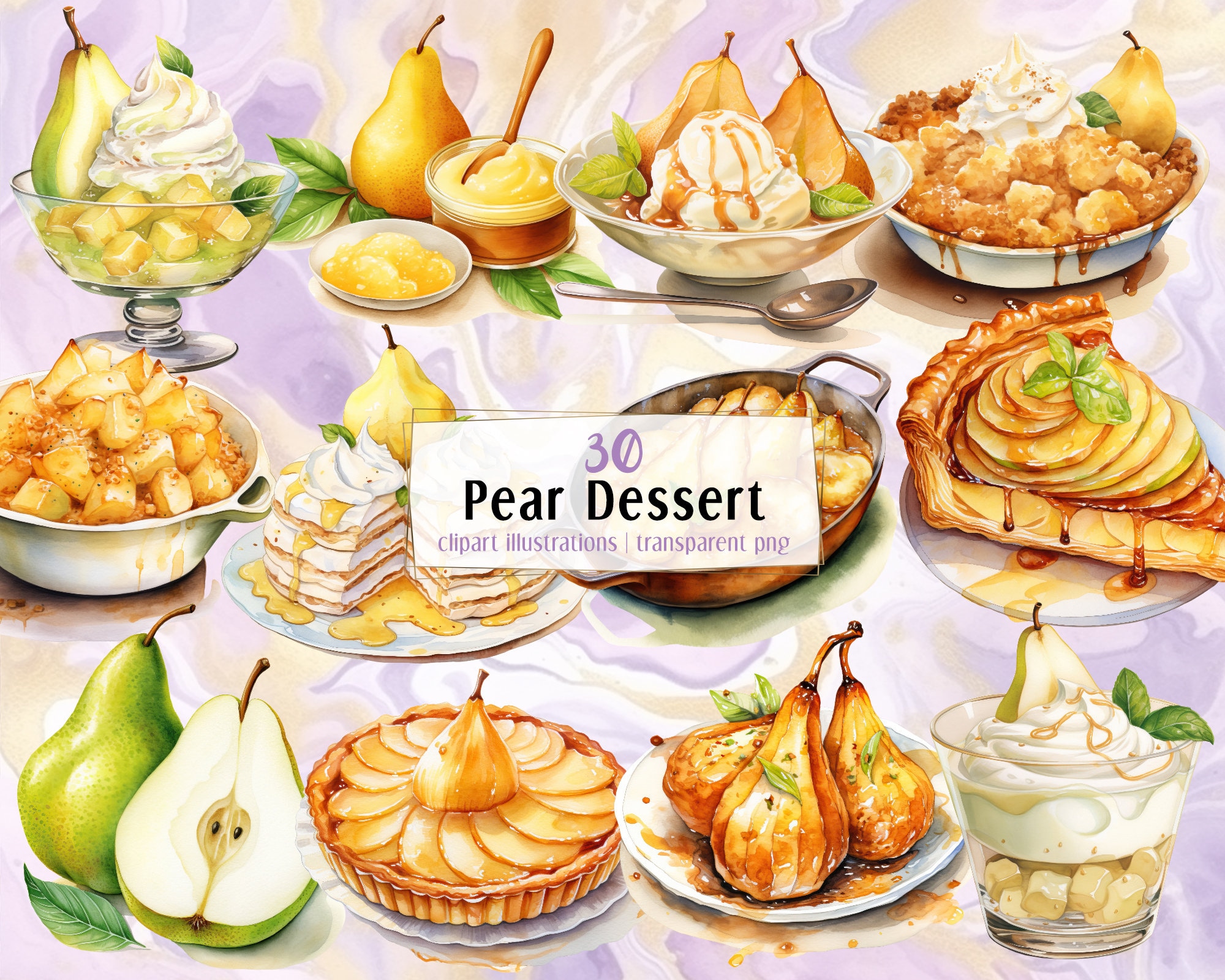 洋梨のデザート。水彩風のイラスト。フルーツペストリー、焼き梨