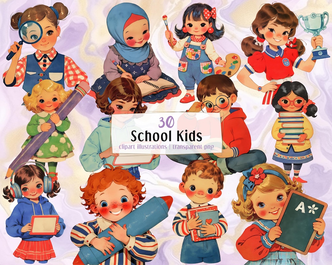 School Kids | PNG Clip Art Illustrations. Nostalgic Retro Cartoon ...