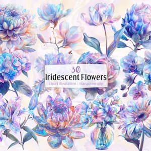 Illustrazioni di fiori iridescenti. Teste di fiori olografiche, decorazioni floreali metalliche, vivaci fiori fantasy magici / clip art PNG
