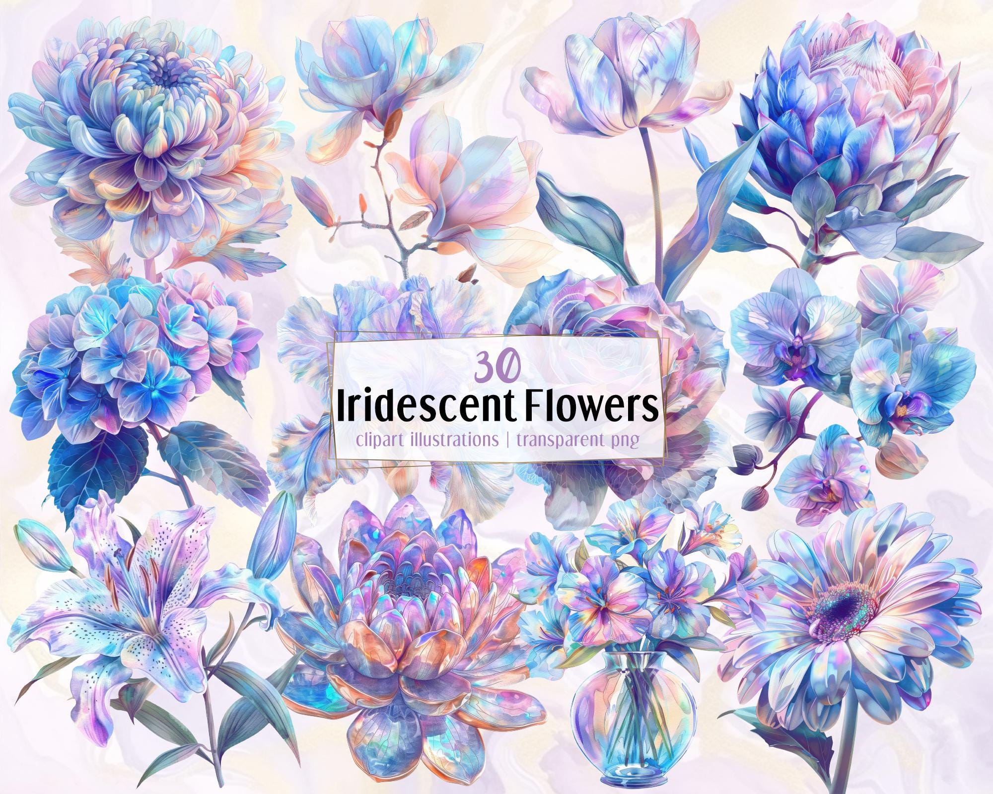 虹色の花 | PNGクリップアートイラスト。ホログラムの花、軽やかな