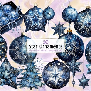 Sterren sterrenbeeld kerstversieringen. Illustraties in aquarelstijl. Donker gedecoreerde kerstballen, wereldbollen met sterrenthema | PNG-illustraties