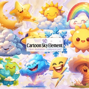 Cartoon Sky and Weather Elements, digital illustrations. Cute happy smiling clouds, star, rainbow, sun, moon, hurricane, rain | PNG clip art