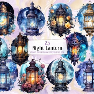 May include: 25 watercolor illustrations of ornate lanterns with glowing lights. The lanterns are set against a backdrop of starry nights, moons, and clouds. The illustrations are perfect for adding a touch of magic to your designs.
