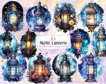 夜のランタン。水彩風のイラスト。暗い夜の背景に灯る幻想的なランタン