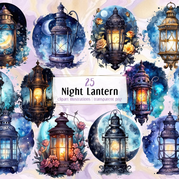 Night Lantern. Watercolor style illustrations. Lit fantasy lanterns on dark night time background, blue moon moonlight floral | PNG clipart