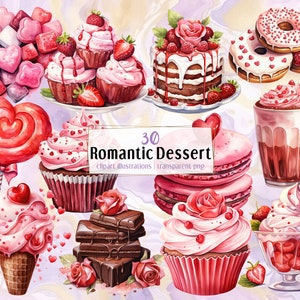 Romantische dessertillustraties. Valentijnsdagdesserts, hartvormig koekje, rode en roze liefdesversierde taarten cupcake donut | PNG-illustraties