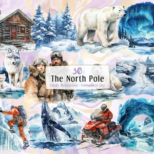 Puede incluir: Un conjunto de 30 ilustraciones de acuarela que representan escenas de invierno del Polo Norte. Las ilustraciones incluyen una cabaña, un oso polar, un lobo, un zorro, un paisaje nevado, un glaciar, una ballena, una moto de nieve y una persona escalando un glaciar. Las ilustraciones son perfectas para crear manualidades, tarjetas y otros proyectos con temática invernal.