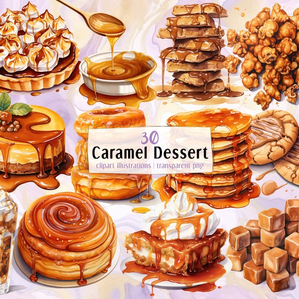 Caramel dessert illustrations. Sugar confectionery desserts, caramelized cakes, candy, caramel swirls, sauce icing & drizzle | PNG clip arts