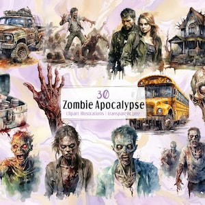 Apocalisse zombie. Illustrazioni in stile acquerello. Fantasia horror, narrativa spaventosa, attacco morto che cammina, zombi e oggetti / clip art PNG