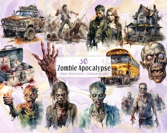 Apocalipsis zombie. Ilustraciones de estilo acuarela. Fantasía de terror, ficción aterradora, ataque de muertos vivientes, zombis y objetos / imágenes prediseñadas PNG