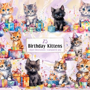 Chatons de fête d'anniversaire, illustrations colorées de style Aquarelle. Chaton félin mignon, chats célébrant avec des gâteaux, des ballons | clipart PNG