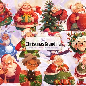Cartoon Christmas Grandma Illustrationen. Nette Omas, fröhliche alte Frau im festlichen Pullover, lustige lustige alberne Feiertagsälteste | PNG-Clipart