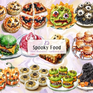Illustraties van spookachtig eten. Hartige gerechten met Halloween-horrorthema, oogbollenpasta, monsterburgers, spider deviled egg, pizza | PNG-illustraties
