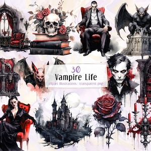 Vida de vampiro, ilustraciones de estilo acuarela. Objetos, elementos y vampiros oscuros y misteriosos de fantasía gótica. Negro y rojo. / imágenes prediseñadas PNG
