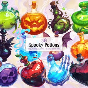 Desenhos animados de poções assustadoras, ilustrações digitais. Desenhos de horror coloridos, garrafas de elixir em forma de coração, abóbora, serpente, fantasma | PNG clip arts