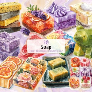Illustrazioni di sapone. Barre aromatiche colorate di sapone duro, saponi floreali, fruttati, naturali, marmorizzati e roteati, cesti regalo, clip art in schiuma / PNG