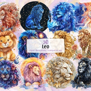 Löwen Illustrationen. Geburtstags-Tierkreis-Astrologiezeichen, Feuerzeichen dargestellt durch das Löwensymbol in verschiedenen Stilen, himmlisch | PNG-Cliparts