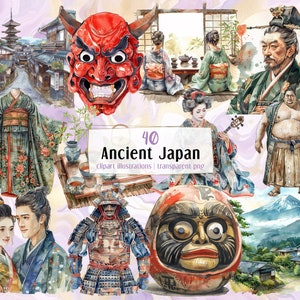 May include: A collection of 40 watercolor illustrations depicting various aspects of ancient Japan. The illustrations include a red demon mask, a traditional Japanese house, a woman in a kimono, a samurai warrior, a mountain landscape, and a daruma doll.