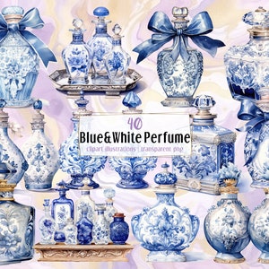 Illustrazioni di profumi blu e bianchi. Flacone di vetro per fragranze aromatiche, decorazione cineseria in porcellana vintage, set di colonie / clip art PNG