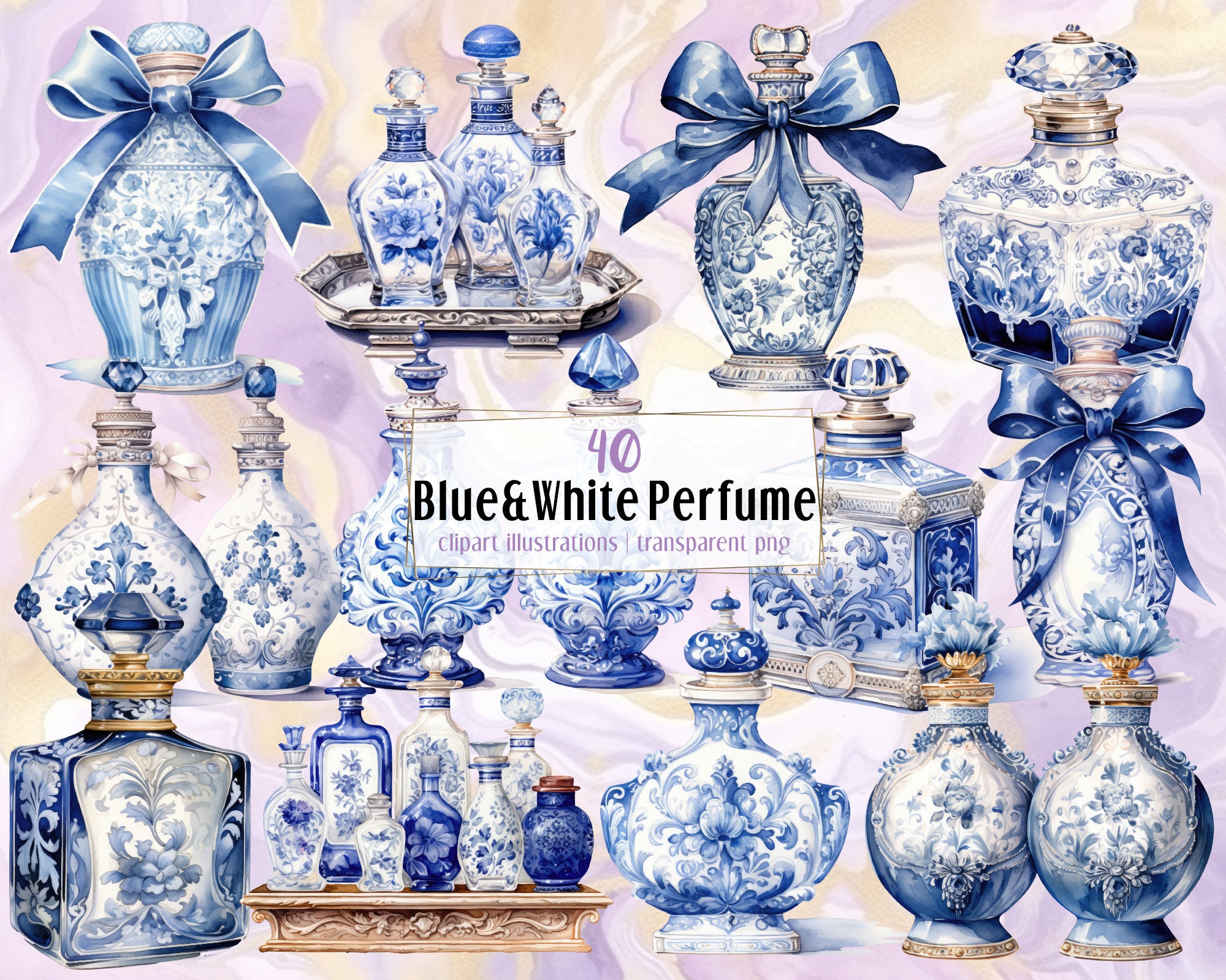 Blue & White Perfume Illustrations. Aromatic Fragrance Glass