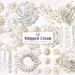 Op de afbeelding: Een assortiment aquarel illustraties van slagroom in verschillende vormen en maten. De afbeelding bevat krullen, rozetten en hartvormige ontwerpen, met de tekst "30 Whipped Cream" in een rechthoekige doos.