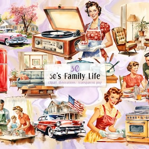 Vita familiare degli anni '50 in America, illustrazioni in stile acquerello. Mobili per la casa, famiglie, case e automobili vintage retrò / clip art PNG