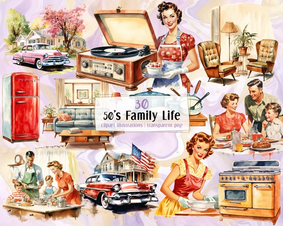 50's Family Life in America, Watercolor Style Illustrations