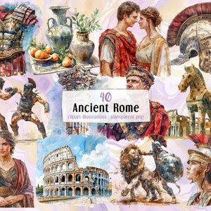 Illustraties uit het oude Rome. Oude historische Romeinse architectuur, mensen, stadsgezicht, gladiatorengevechten, keizer, marmeren kunstwerken | PNG-clip arts