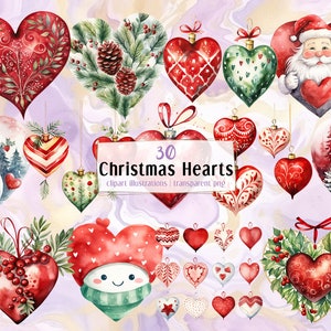 Corações de Natal. Ilustrações em estilo aquarela. Elementos festivos decorados em forma de coração, decorações, amor de Papai Noel, pinheiro | Clip-arts PNG