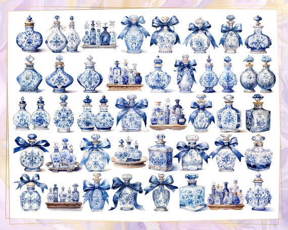 イラスト原画　高貴な香り　「素描」 青と白の香水のイラスト。芳香性の香水ガラス瓶、ヴィンテージ磁器の