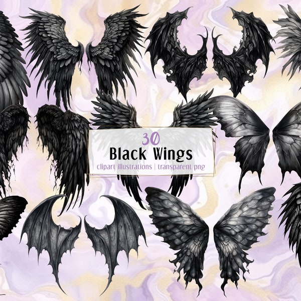 Black Wings illustrations. Dark imaginary fantasy wings, feather, demon, angel, devil, butterfly wings. Gothic design element | PNG clip art