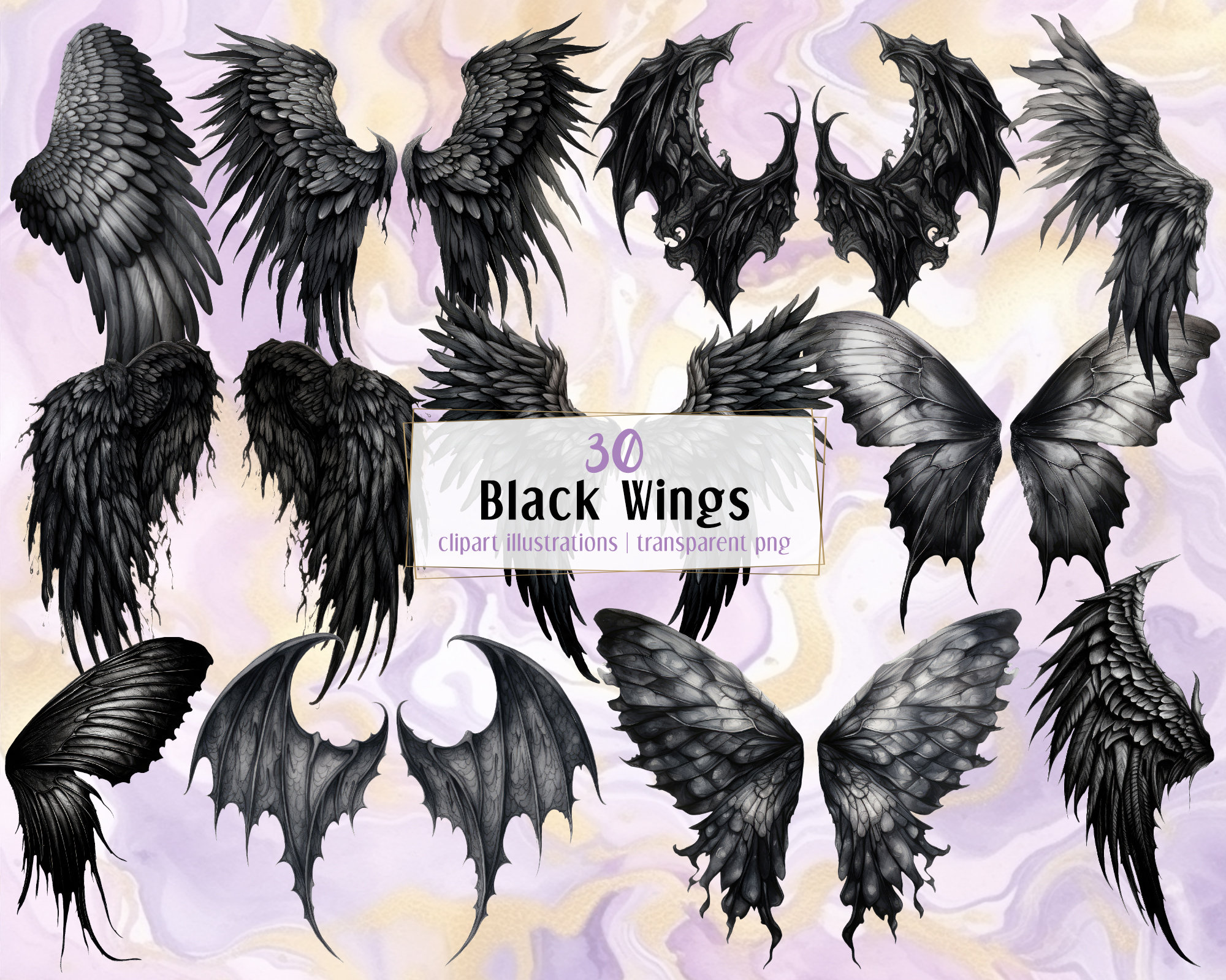 黒い羽のデザイン 黒い翼のイラスト。暗い空想のファンタジーの翼、羽、悪魔、天使、悪魔