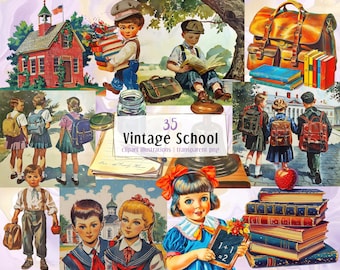 Könnte beinhalten: Eine Collage von Vintage-Illustrationen zum Thema Schule. Die Bilder zeigen Kinder mit Büchern und Rucksäcken, ein rotes Schulhaus und Bücherstapel. Der Text "35 Vintage School" ist zu sehen.