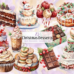 Christmas themed dessert. Watercolor style illustrations. Festive decorated holiday desserts, cake, peppermint donut, cookie | PNG clip arts